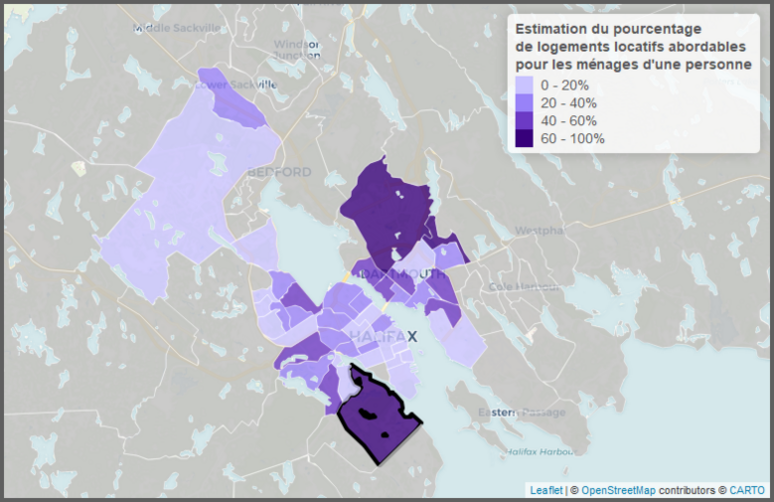 Carte des secteurs de recensement de la municipalité régionale de Halifax présentant le pourcentage de logements abordables pour les ménages d'une personne par secteur de recensement. Elle démontre que, dans la plupart des secteurs de recensement, moins de 40 % des logements locatifs dans le marché sont abordables.  Dans seulement trois secteurs de recensement peut-on trouver plus de 60 % de logements locatifs abordables.